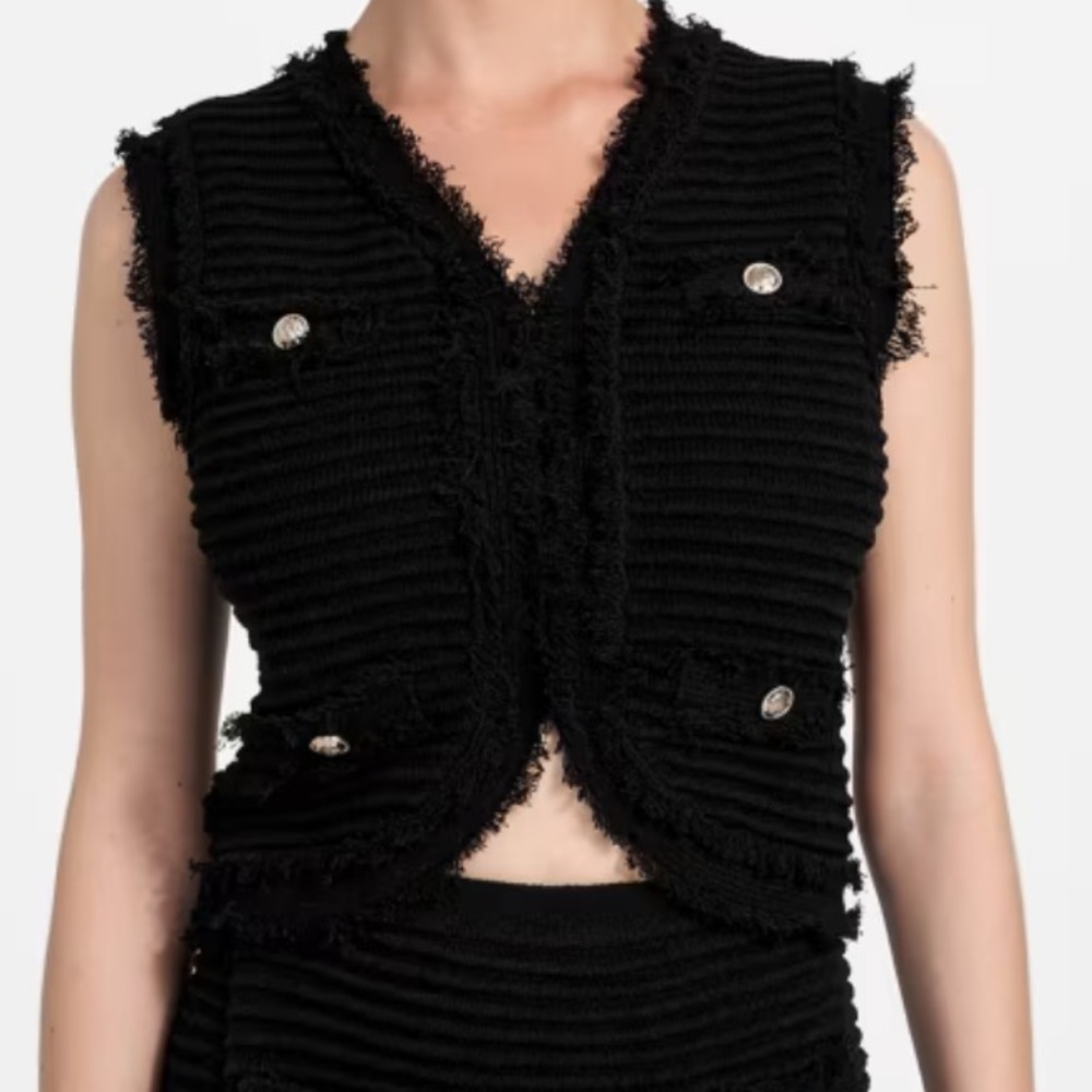Guess Black Fringed Ribbed Knit Sleeveless Vest